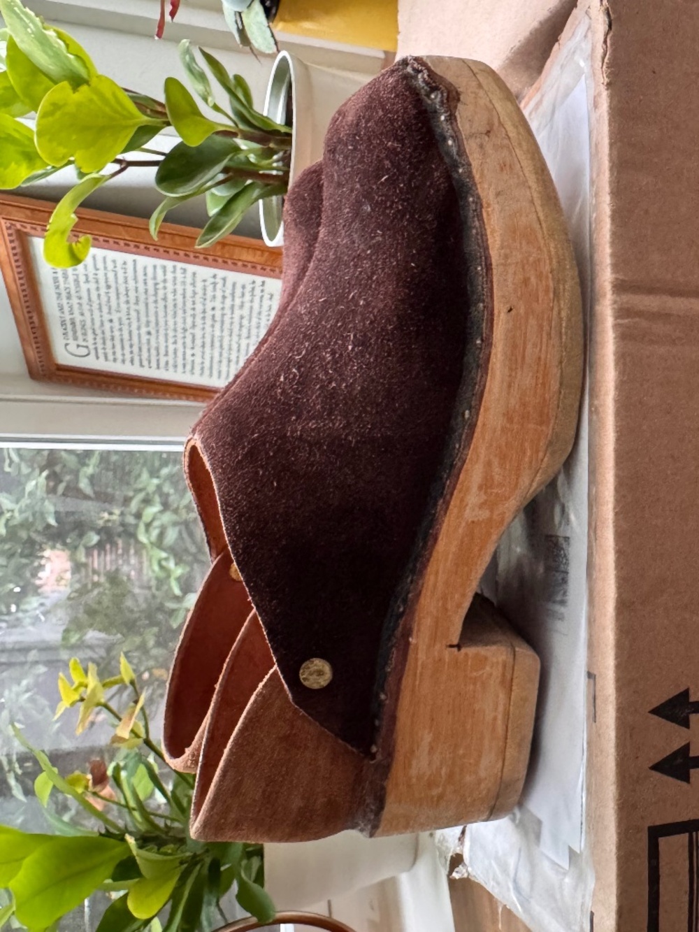 Vintage 70s Brown Suede Wood Platform Clogs Mules Boho Hippie 5.5/6